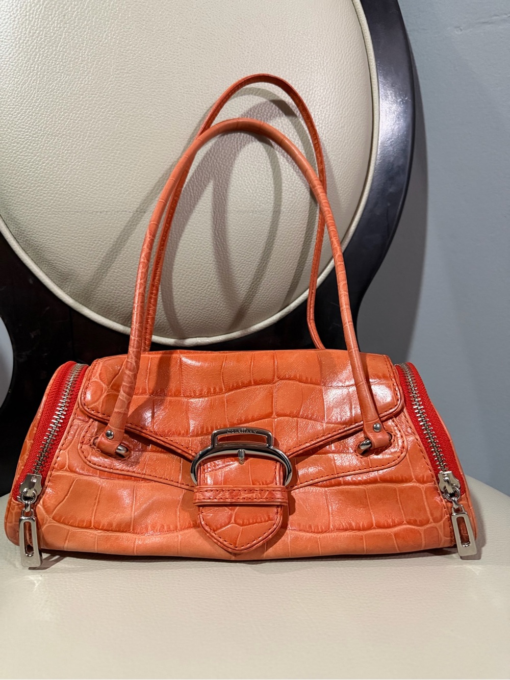 Cole Haan Orange Croc-Embossed Leather Shoulder Bag with Buckle Detail